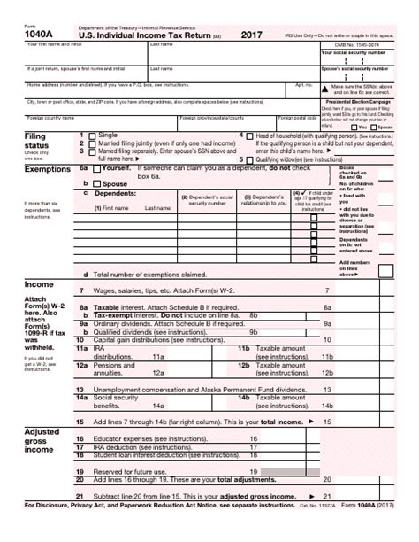 Irs Form 1040a Download Printable Pdf 2017 Us Individual Income Tax