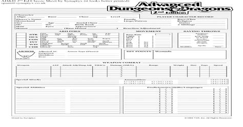 Ad D 2nd Edition Character Sheet Printable