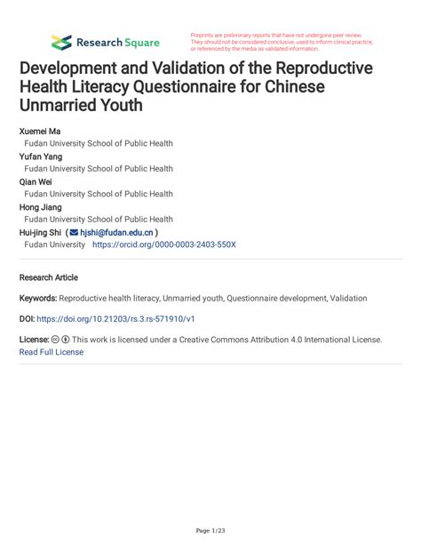 pdf development and validation of the reproductive health literacy questionnaire for chinese