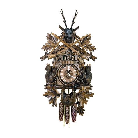 Carved Hunting Style 8 Day Musical Cuckoo Clock With Stag Head Squirr