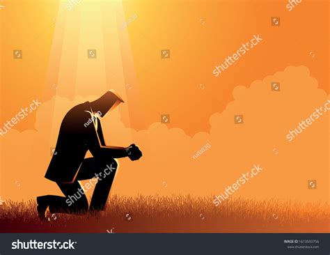 Vektor Stok Vector Illustration Man Praying Under Light Tanpa Royalti
