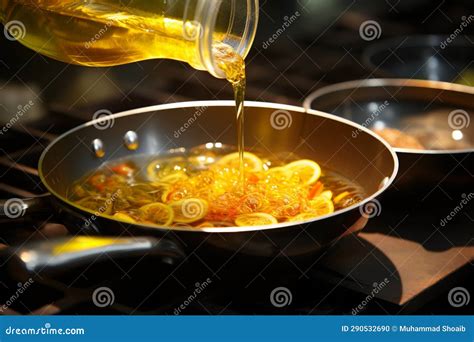 A Steaming Hot Pan Receives A Stream Of Food Oil For Deep Frying Stock