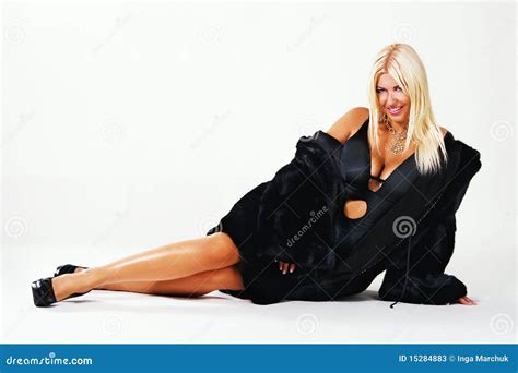 seductive blonde in a black fur coat stock image image of elegance coat 15284883