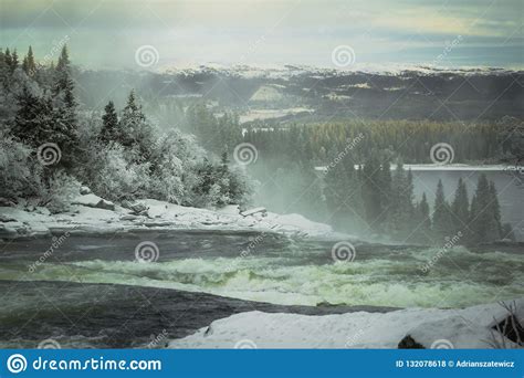 Winter Landscape Frozen River Near Tannforsen Waterfall Stock Photo