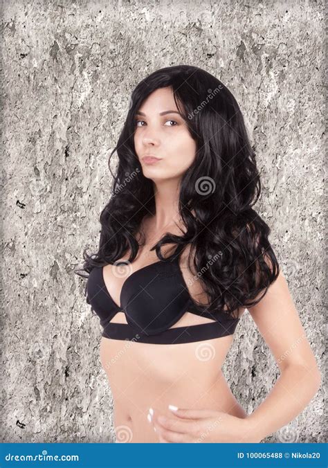 Naked Girl With Long Black Hair In A Black Bra Stock Photo Image Of