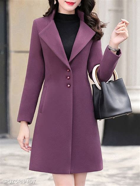 Women Solid Color Lapel Slim Purple Coat Outerwear