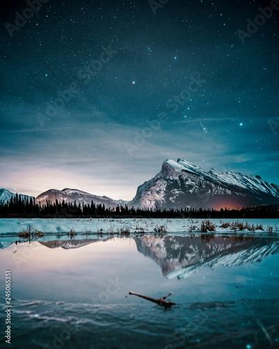 Beautiful Night Full Of Stars Above Mt Rundle Vermilion Lakes And