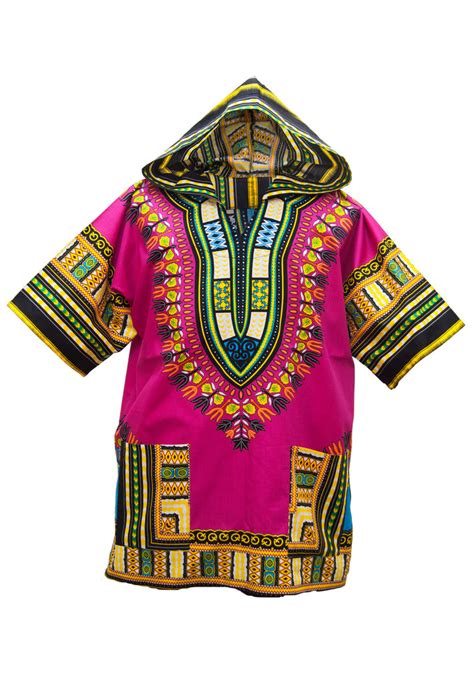 Hooded African Dashiki Shirt Dress Unisex For Men Or Women Pink Dashiki Vib
