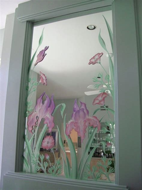 Iris Flowers Decorative Mirror With Etched Carved Design Bathroom