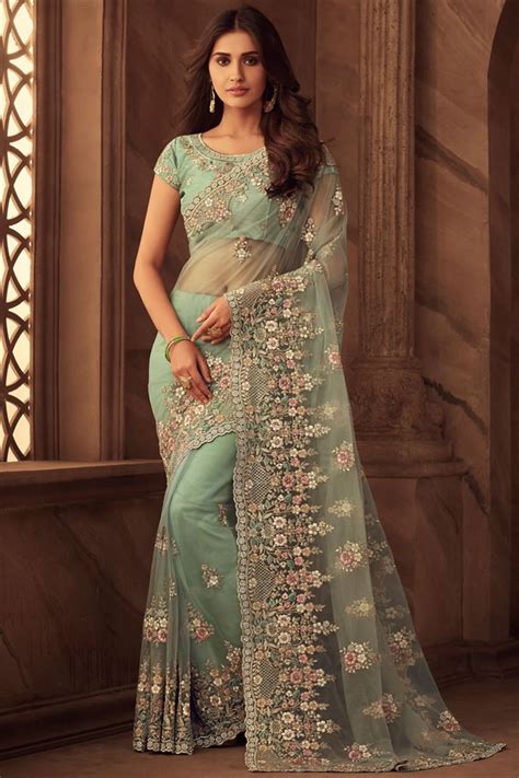 Mint Green Embroidered Net Party Wear Saree Sarees Designer Collection