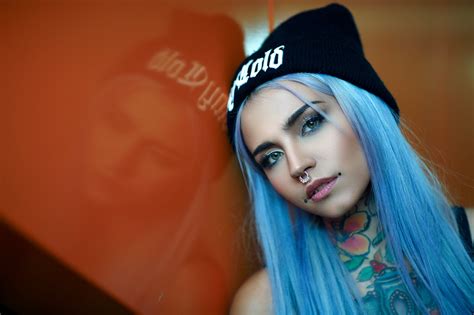 Wallpaper Women Blue Hair Tattoo Nose Rings 2048x1365