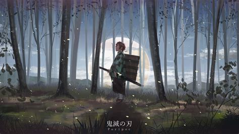 demon slayer tanjiro kamado standing  forest  background  moon