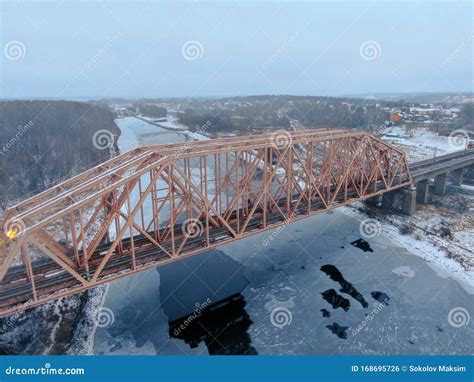 Aerial View Drone Shot Railway Bridge Over Freezing River Beautiful