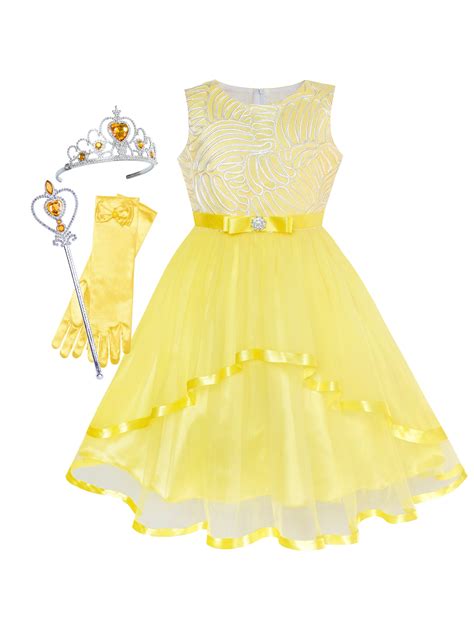 Sunny Fashion Flower Girls Dress Yellow Princess Crown Dress Up Party