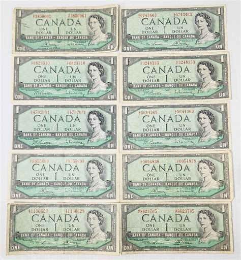 Ten 1954 Canadian 1 Banknotes