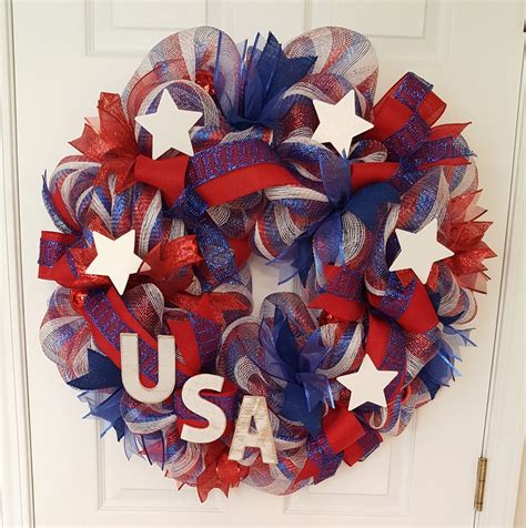 Patriotic Deco Mesh Wreath With Wooden Stars And Usa By Marlas Deco