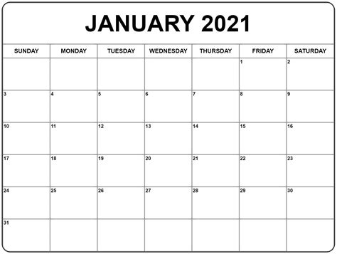 Free January 2021 Calendar Printable Blank Templates