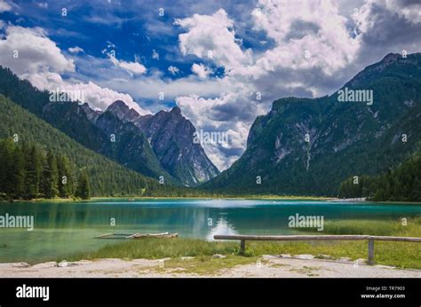 Beautiful And Panoramic View Of Toblacher See Italian Lago Di