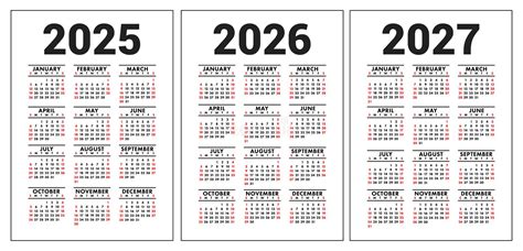 Calendar 2025 2026 2027 2028 Years Set Stock Vector Illustration