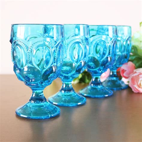 Blue Etched Glass Water Goblets Set Of 4 Vintage Wine Glasses Colored Drinking Glasses