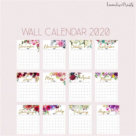 Printable Calendar 2020 Wall Calendar 2020 Desk Calendar, Floral Calendar, Beautiful Calendar ...