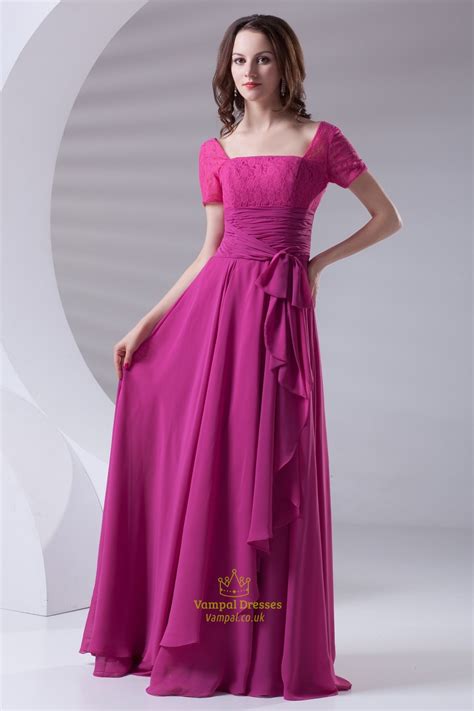 Flowy Chiffon And Lace Fuchsia Short Sleeve Mother Of The Bride Dress With Cascading Ruffle