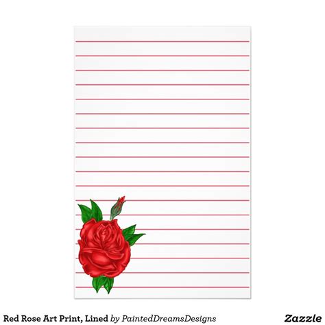 Red Rose Art Print Lined Stationery Rose Art Floral Stationery