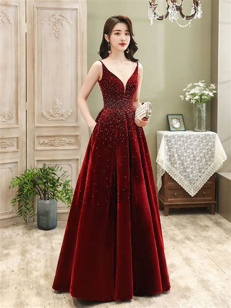 Wine Red Velvet Straps Long Evening Dress Floor Length New Style Prom Dress Paty Dress In 2021