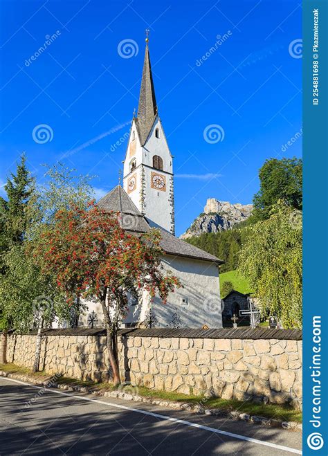 Church In La Villa Alpine Village Dolomites Mountains Italy Stock