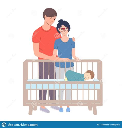 Mother And Father Watching At Sleeping Baby Stock Vector Illustration