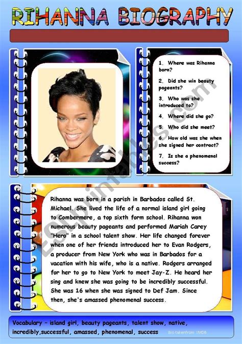 Rihanna Biography Esl Worksheet By Giovanni