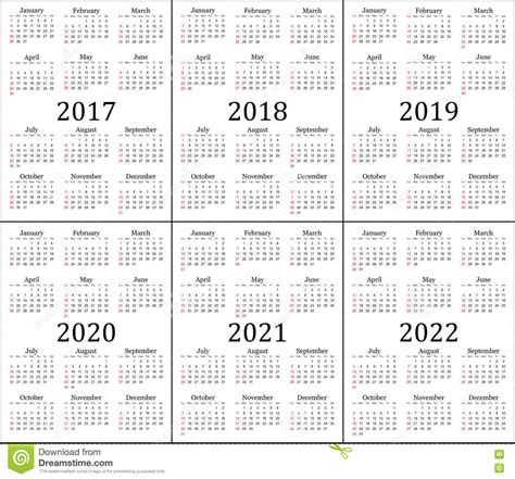 Sex årskalender 2017 2018 2019 2020 2021 Och 2022 Vektor