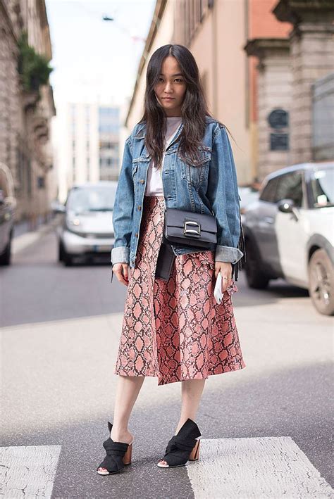 6 Ways To Style A Skirt With Your Favorite Denim Jacket Midi Skirts Style Skirts Midi Skirt