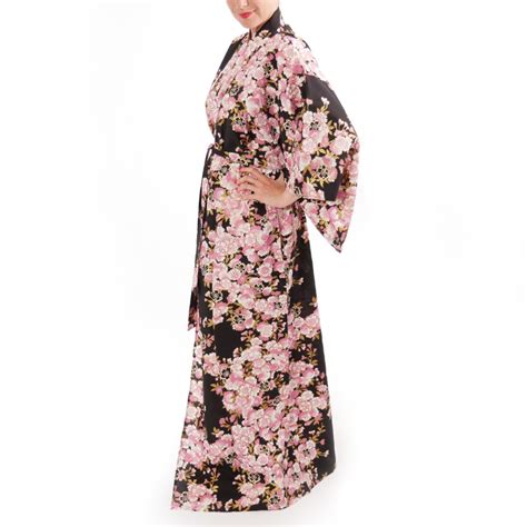 Japanese Black Cotton Yukata Kimono Sakura Flowers For Ladies