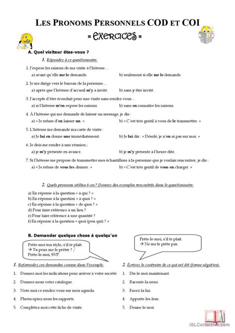 Pronoms personnels COD COI en et y Français FLE fiches pedagogiques pdf doc