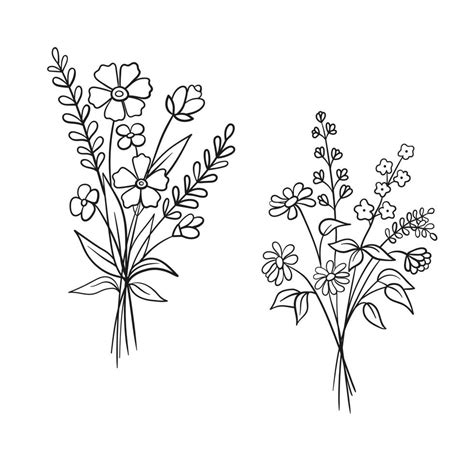 Vector Sketch Illustration Of Bouquet Of Flowers Set Of Wildflowers In Doodle Style