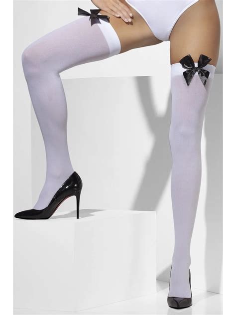 women s clothing adult ladies white hold ups stocking with white bow opaque girl over knee socks