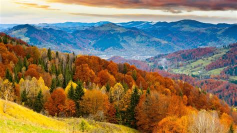 Nature Landscape Trees Forest Hill Mountain Sky Clouds Colorful Fall Leaves Valley
