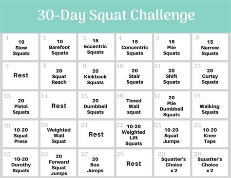 30 Day Squat Challenge Chart Printable