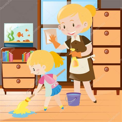 Descargar Madre E Hija Limpiar La Casa — Ilustración De Stock