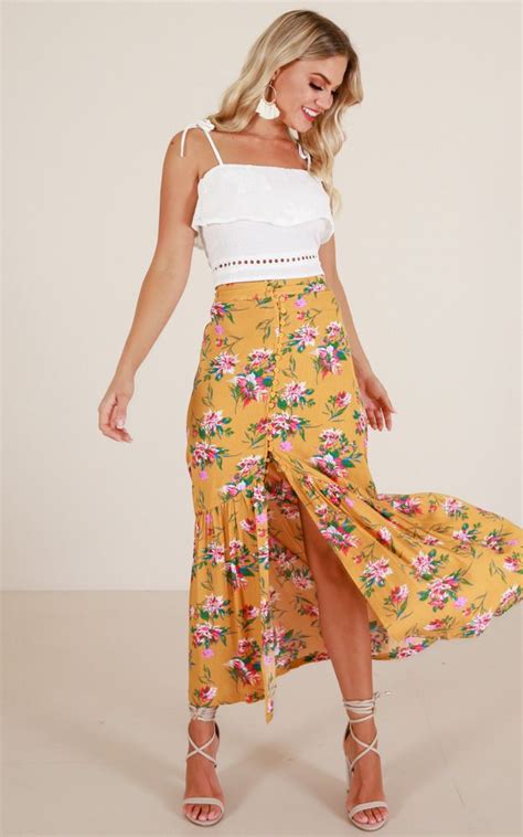 For The Last Time Skirt In Mustard Floral Showpo Stylish Summer