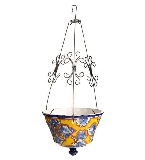 Plow And Hearth Authentic Mexican Talavera Hanging Planter Yellow