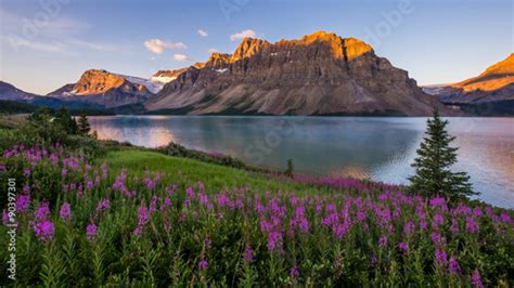 Sunrise At Bow Lake In Banff National Park Stock Photo And Royalty