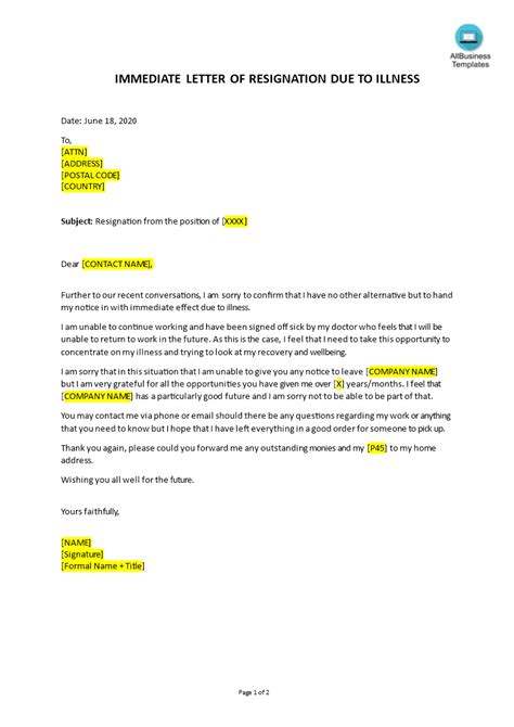 Immediate Resignation Letter Due To Illness Letters Online Samples