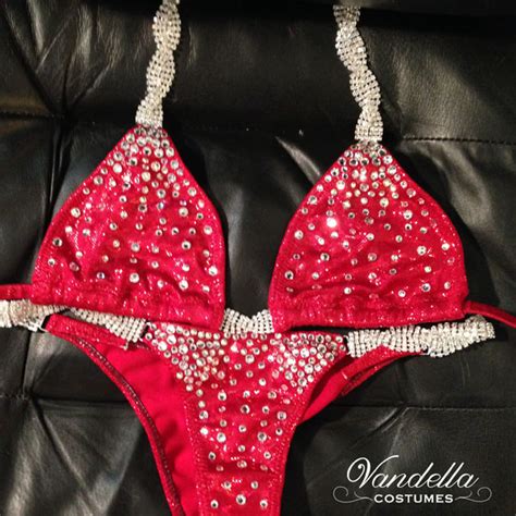 Red Bikini Womes Physique Custom Competition Suit Rhinestone Connectors