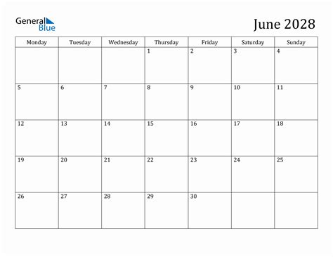 June 2028 Monday Start Calendar Pdf Excel Word
