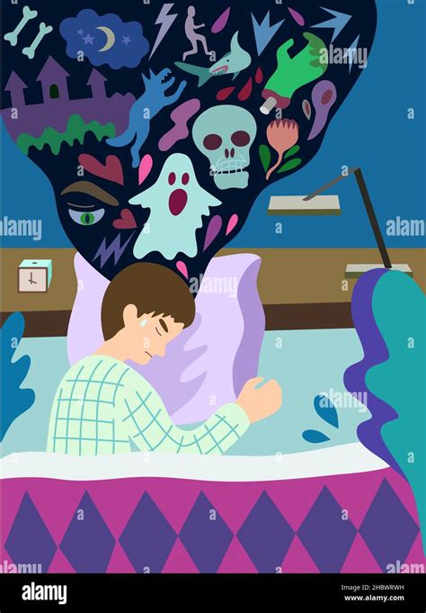 Concept Of Sleep With Nightmare Sleeping Man In Bed With Sleep