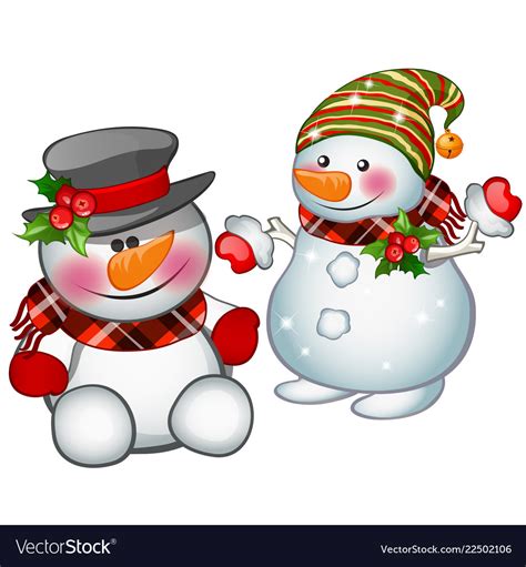 Two Smiling Snowman Wearing A Striped Cap And Vector Image