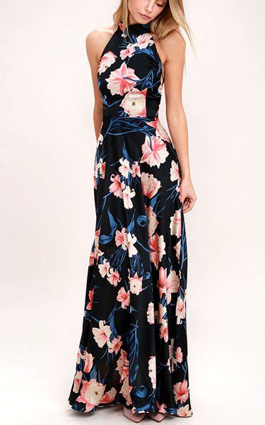 Blooming Garden Black Floral Print Halter Maxi Dress Best Maxi Dress