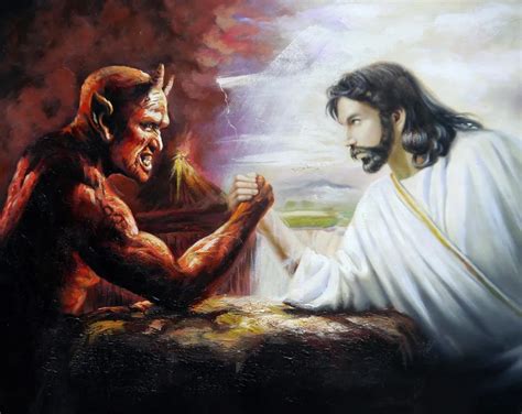 100 Handpainted Jesus And The Devil Arm Wrestling 50x60cm Portrait Oil